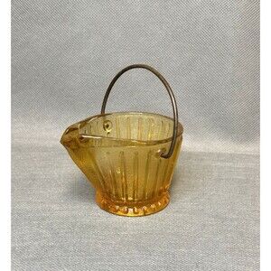 Vntg Toothpick/Ashtray Hazel Atlas Coal Bucket w/Handle Amber Depression Glass